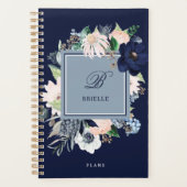 Navy Blau und Rosa Floral | Name und Monogramm Planer (Vorderseite)