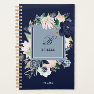 Navy Blau und Rosa Floral Name und Monogramm Planer