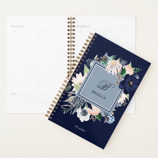 Navy Blau und Rosa Floral | Name und Monogramm Planer (Anzeige)