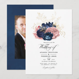 Navy-Blau und rosa Vintage-Rosen Hochzeitsfoto Einladung
