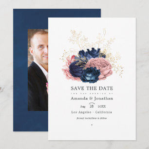 Navy-Blau und rosa Vintage-Rosen Hochzeitsfoto Save The Date