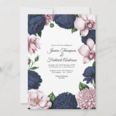 Navy Blau und Rosé Aquarell Blumen Hochzeit Einladung (Vorderseite)
