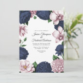 Navy Blau und Rosé Aquarell Blumen Hochzeit Einladung (Stehend Vorderseite)
