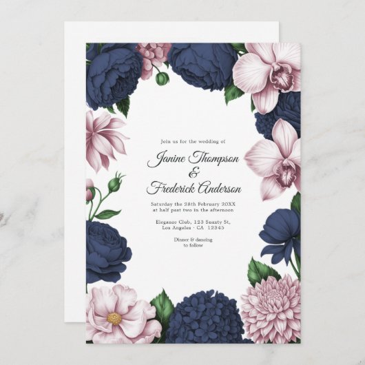 Navy Blau und Rosé Aquarell Blumen Hochzeit Einladung (Vorne/Hinten)