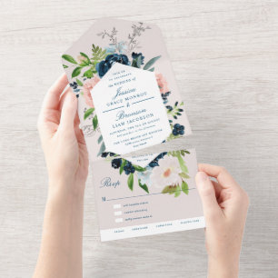 Navy Blau und Rosé Blumige Hochzeit All In One Einladung