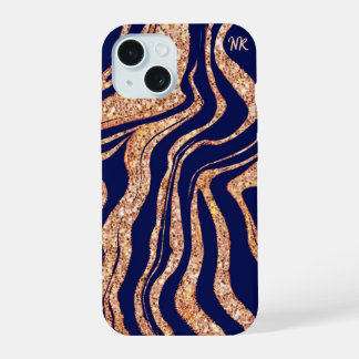 Navy Blau und Roségold Glitter Zebrastreifen-Monog iPhone 15 Hülle