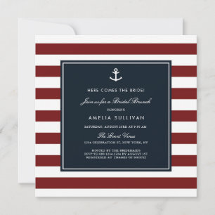 Navy Blau und Rote Streifen Nautisches Braut-Brunc Einladung