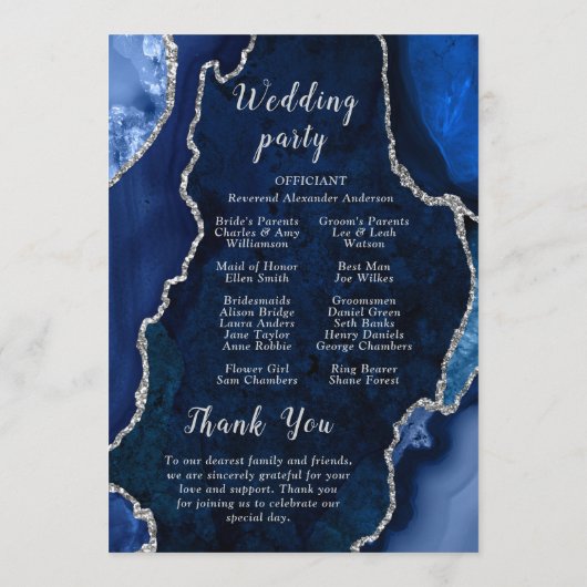 Navy-Blau und Silber-Achat Hochzeitsprogramm Programm (Rückseite)