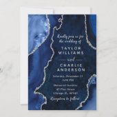 Navy-Blau und Silber-Achat-Marmor-Hochzeit Einladung (Vorderseite)