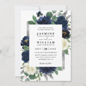 Navy Blau und Silber Blumen QR-Code Hochzeit Einladung (Vorderseite)