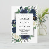 Navy Blau und Silber Blumen QR-Code Hochzeit Einladung (Stehend Vorderseite)
