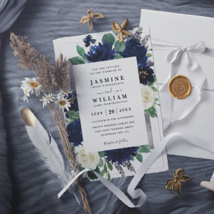 Navy Blau und Silber Blumen QR-Code Hochzeit Einladung