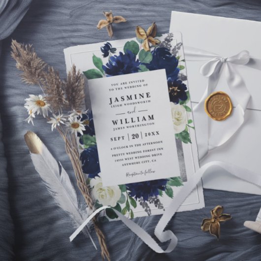 Navy Blau und Silber Blumen QR-Code Hochzeit Einladung
