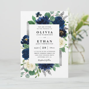 Navy Blau und Silber Elegante Elfenbein Blumen Hoc Einladung