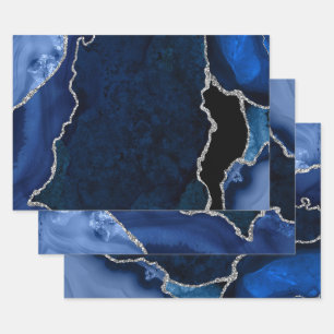 Navy Blau und Silber Faux Glitter Achat Geschenkpapier Set