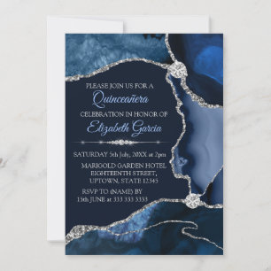 Navy Blau und Silber Glitter Achat Quinceanera Einladung