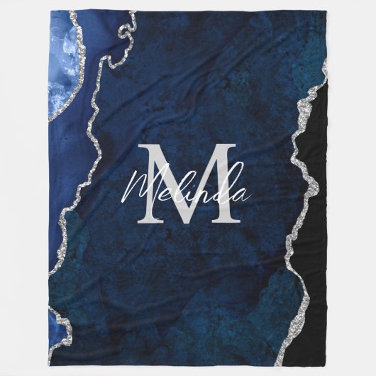 Navy Blau und Silber Marmor Achat Fleecedecke (Vorderseite)