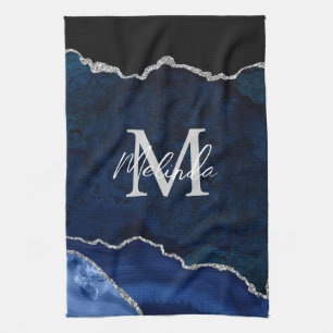 Navy Blau und Silber Marmor Achat Geschirrtuch