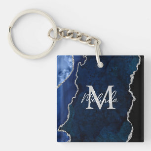 Navy Blau und Silber Marmor Achat Schlüsselanhänger