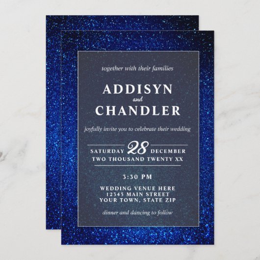 Navy Blau und Weiß Elegant Einfache Moderne Hochze Einladung (Vorne/Hinten)