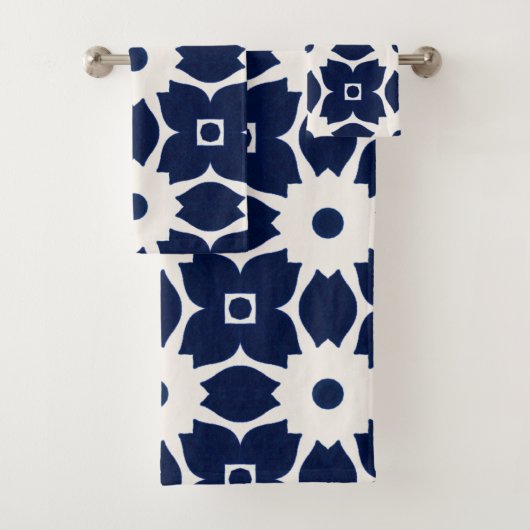 Navy Blau und Weiß Geometrische Blüten Badhandtuch Set (Insitu)