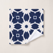 Navy Blau und Weiß Geometrische Blüten Badhandtuch Set (Waschlappen)