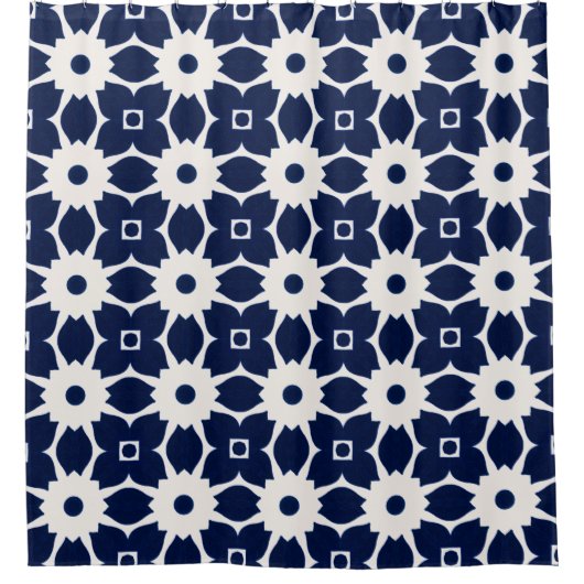 Navy Blau und Weiß Geometrische Blüten Duschvorhang (Vorderseite)