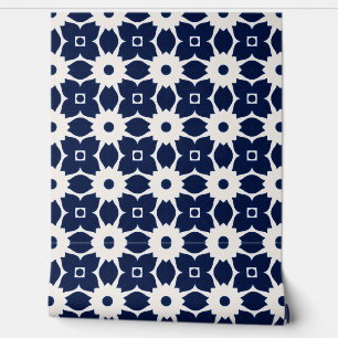 Navy Blau und Weiß Geometrische Blüten Tapete