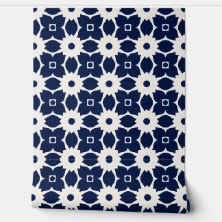 Navy Blau und Weiß Geometrische Blüten Tapete