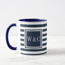Navy Blau und Weiß gestreifte Monogramm Tasse