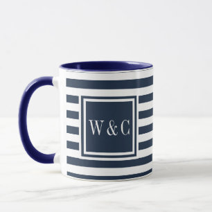 Navy Blau und Weiß gestreifte Monogramm Tasse