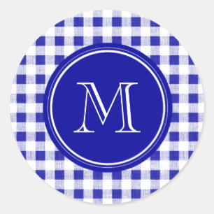 Navy Blau und Weiß Gingham, Ihr Monogramm Runder Aufkleber