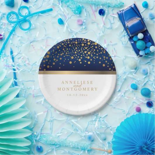 Navy Blau und Weiß mit Gold Confetti Punkten Pappteller (Party)