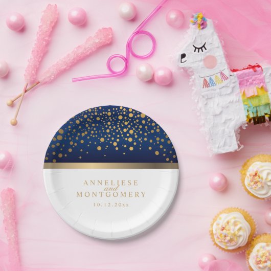 Navy Blau und Weiß mit Gold Confetti Punkten Pappteller (Party)