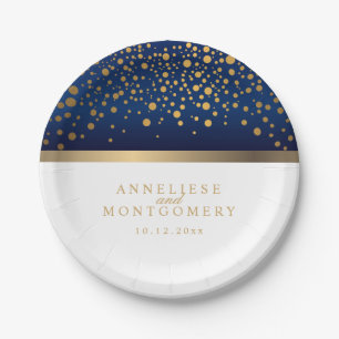 Navy Blau und Weiß mit Gold Confetti Punkten Pappteller