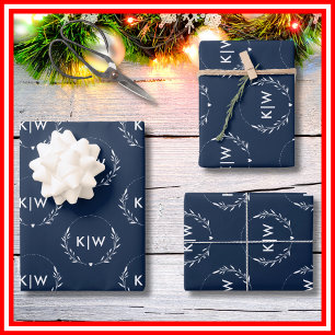 Navy Blau und Weiß Moderne Anfangsbuchstaben Mon Geschenkpapier Set