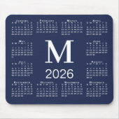 Navy Blau und Weiß Monogramm 2026 Kalender Mousepad (Vorne)