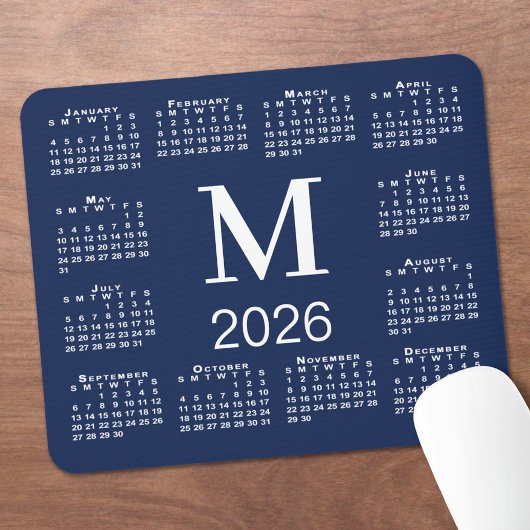 Navy Blau und Weiß Monogramm 2026 Kalender Mousepad