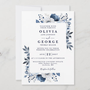 Navy Blau Und Weiße Elegante Moderne Florale Hochz Einladung