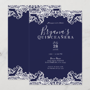 Navy Blau und Weiße Spitze Elegante Quinceañera Einladung
