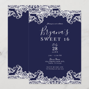 Navy Blau und Weiße Spitze Elegante Sweet 16 Party Einladung