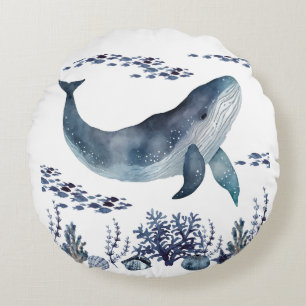 Navy Blau Und Weißer Wal Nautical Rundes Kissen