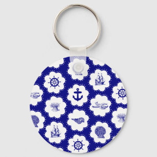 Navy Blau und Weißes Maritimes Muster Schlüsselanhänger