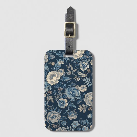 Navy Blau Vintage Blumen Botanisches Muster Gepäckanhänger (Vorderseite Vertikal)