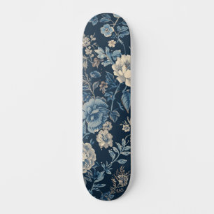 Navy Blau Vintage Blumen Botanisches Muster Skateboard