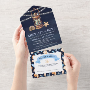 Navy Blau Vintage Maritimes Laternen-Baby-Shower All In One Einladung