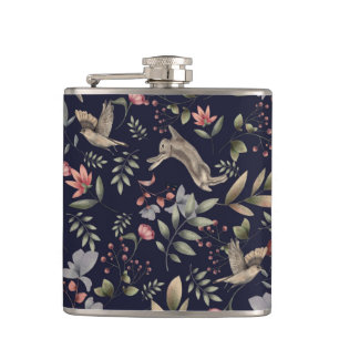 Navy Blau Waldtiere Blumen Blätter Muster Flachmann