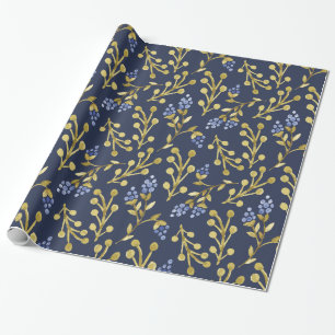 Navy Blau Wasserfarbe Beeren Blumenmuster  Geschenkpapier
