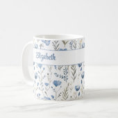 Navy Blau Wasserfarbe Wildblumen Mohn Custom Name Kaffeetasse (Vorderseite Links)