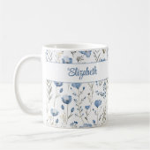 Navy Blau Wasserfarbe Wildblumen Mohn Custom Name Kaffeetasse (Links)